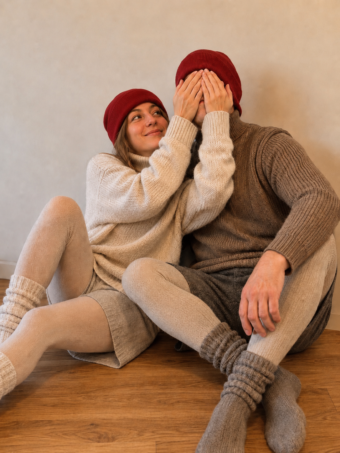 Ein Paar sitzt entspannt auf einem Holzboden in heller Strickkleidung. Die Frau hält dem Mann spielerisch die Augen zu. Beide tragen Strickstrumpfhosen, Strickpullover, Mützen und Beinstulpen.