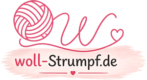 Woll-Strumpf.de – Logo mit pinkem Wollknäuel, geschwungenem Wollfaden und kleinem Herz.