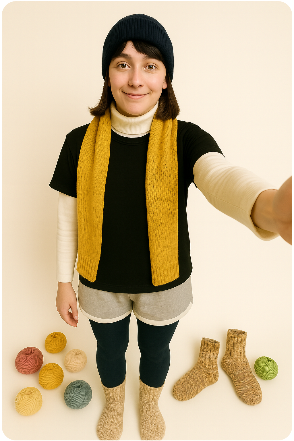 Person mit Strickmütze, Schal, Shorts und Strumpfhose