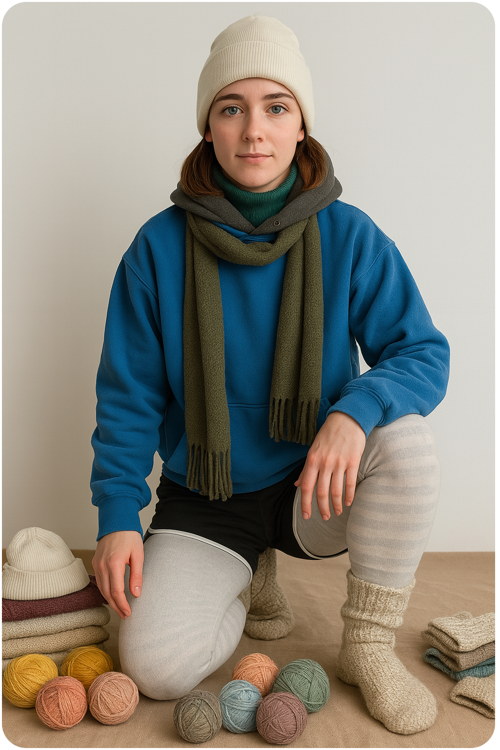Person mit Strickmütze, Schal, Shorts und Strumpfhose