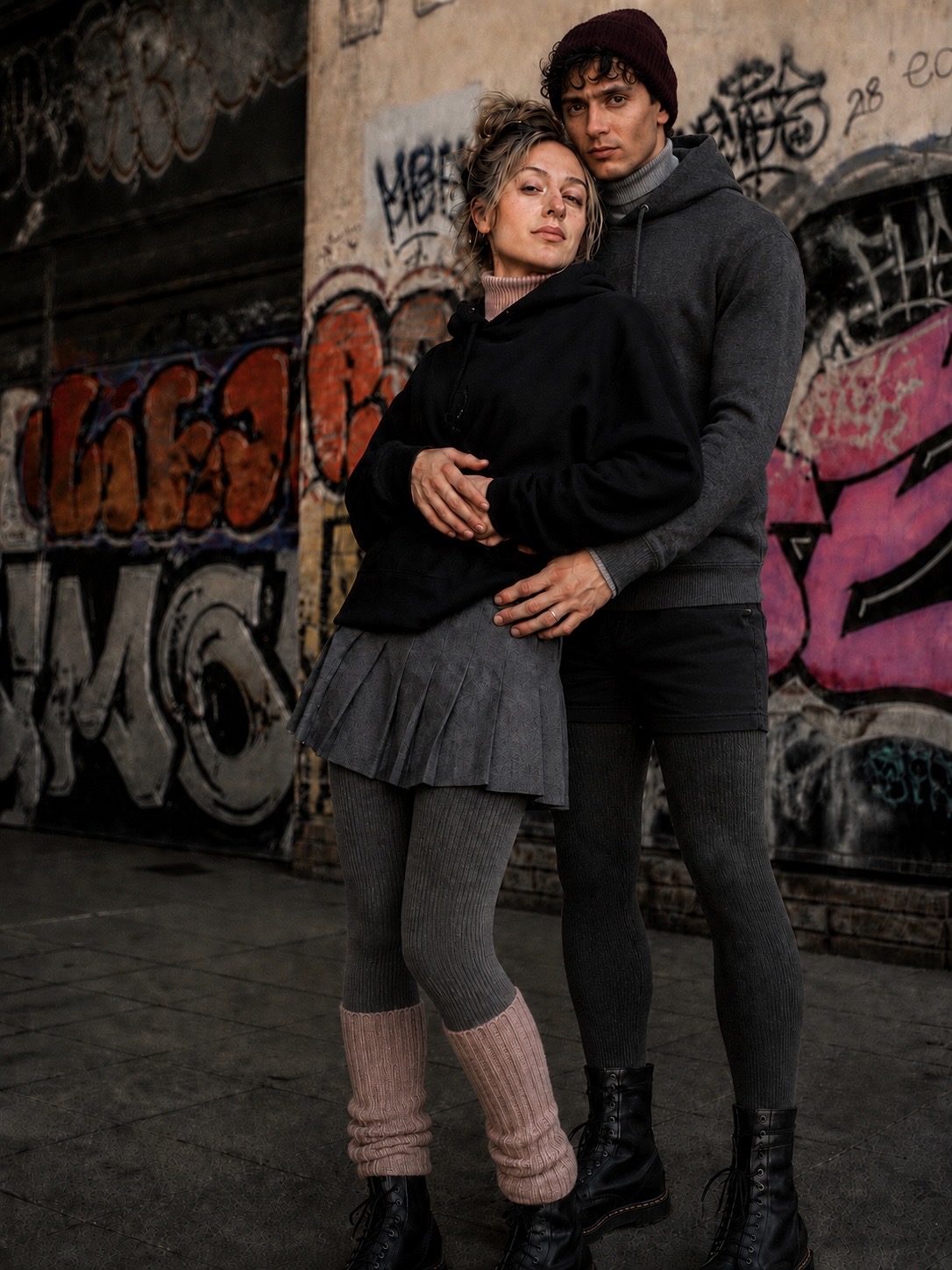 Zwei Personen posieren vor einer Wand mit buntem Graffiti. Eine Person steht hinter der anderen, umarmt sie von hinten und küsst sie auf den Kopf. Sie trägt eine schwarze Mütze, einen grauen Rollkragenpullover, einen schwarzen Schal, dunkle Shorts, grüne Strumpfhosen und schwarze Stiefel. Die vordere Person trägt einen schwarzen Kapuzenpullover, einen grauen Faltenrock, helle Strumpfhosen, cremefarbene Stulpen und schwarze Stiefel.