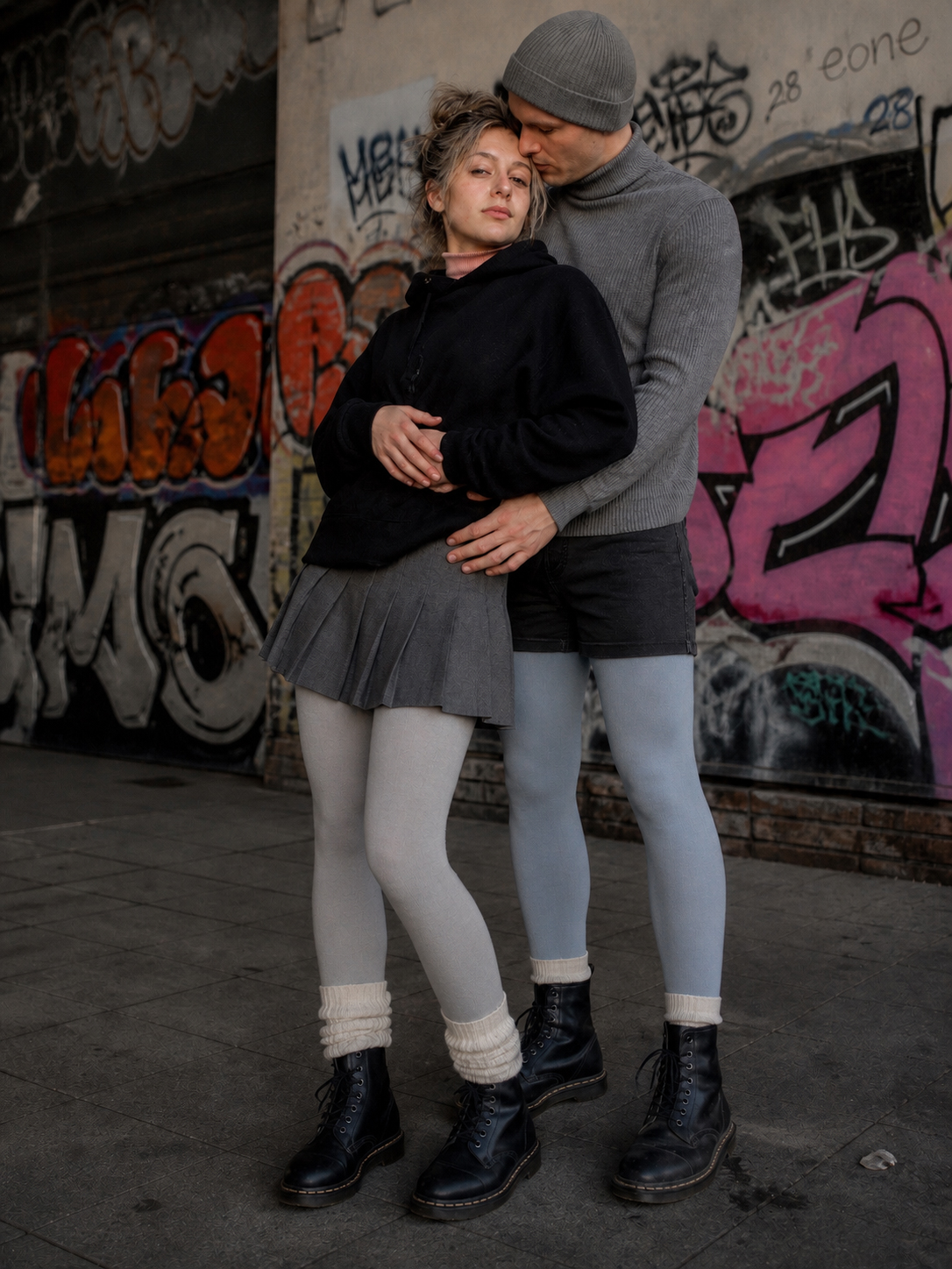 Zwei Menschen in Strickstrumpfhosen stehen eng beieinander und vermitteln Nähe, Wärme und ein ruhiges, vertrautes Gefühl.